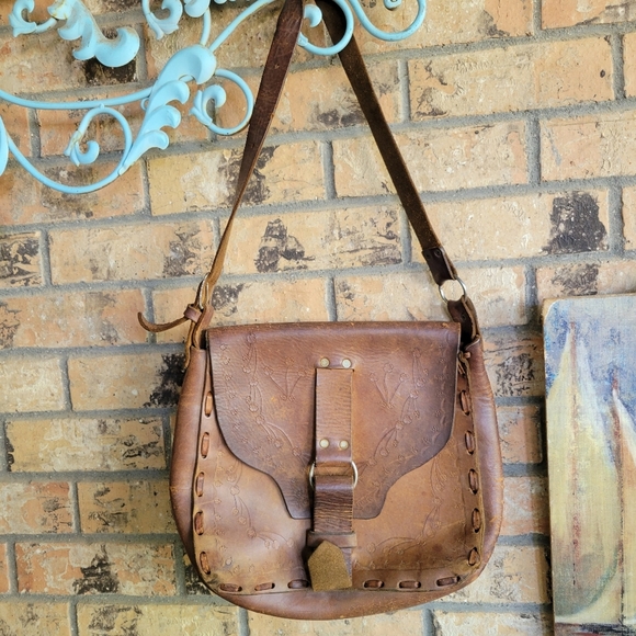 Vintage Handbags - 70s Tooled Leather Shoulder Bag Hippie Boho indie